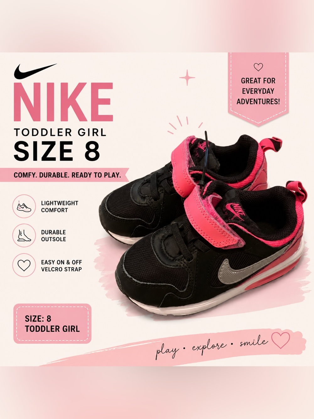 Nike Toddler Girls Black & Pink Sneakers | Size 8C